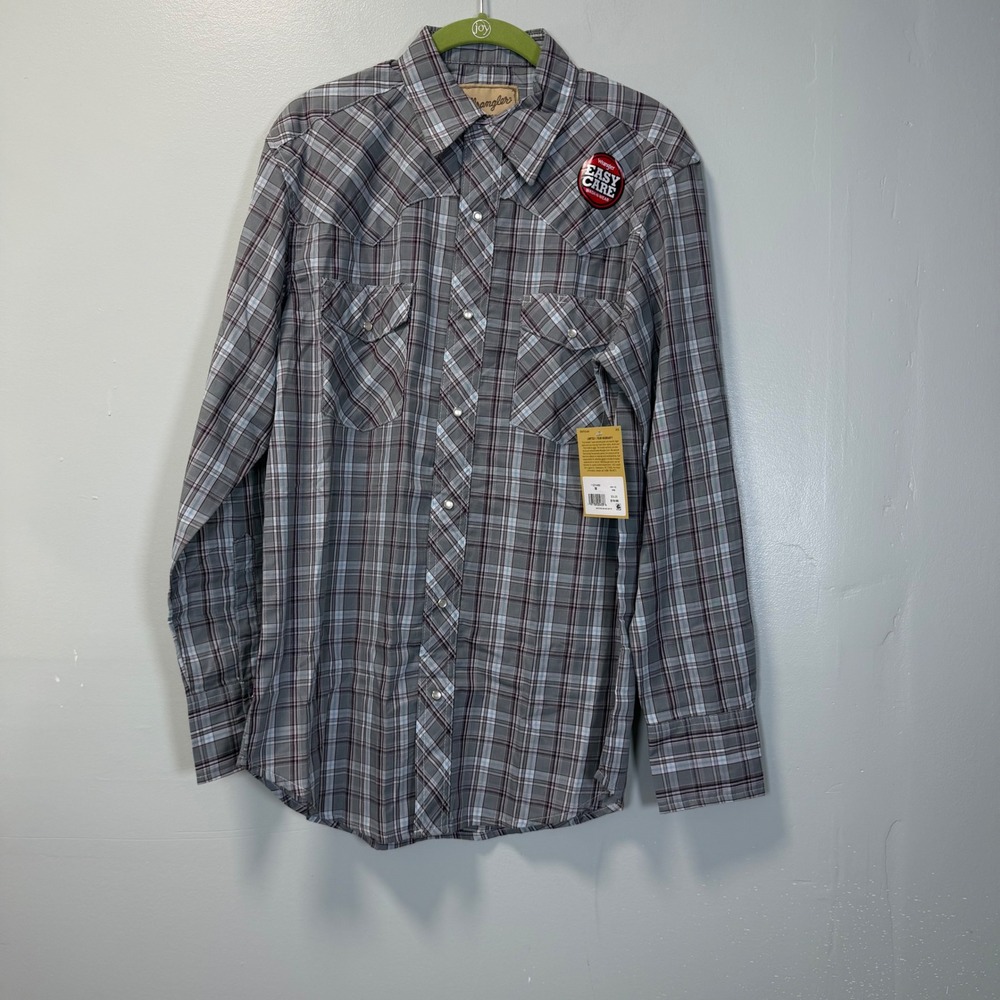 Wrangler Western Shirt Mens Medium Gray Plaid Pearl Snap Long Sleeve 112374450